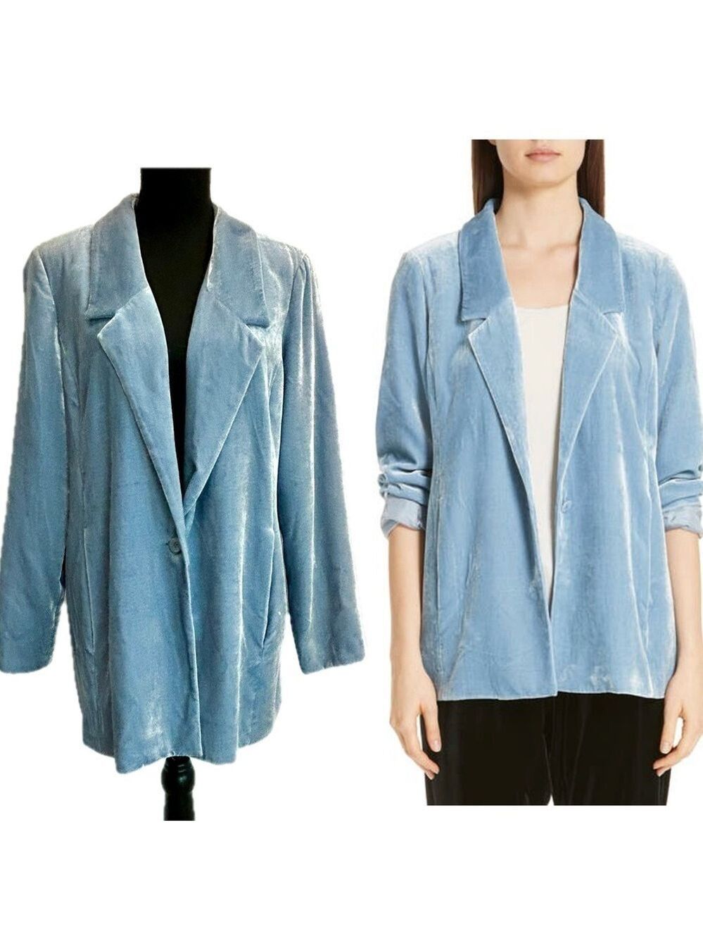Eileen Fisher silk blend velvet notch collar long relaxed blazer Haze light blue